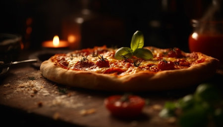 Homemade rustic Italian pizza baked with fresh mozzarella and tomato sauce generated by artificial intelligenceの素材