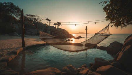 Tranquil scene at waters edge, palm tree silhouette, back lit sky generated by artificial intelligenceの素材