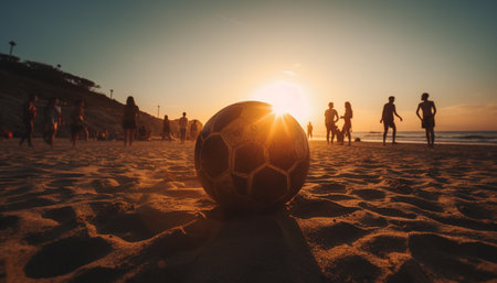 Silhouette of men playing soccer on sand at sunset generated by artificial intelligenceの素材