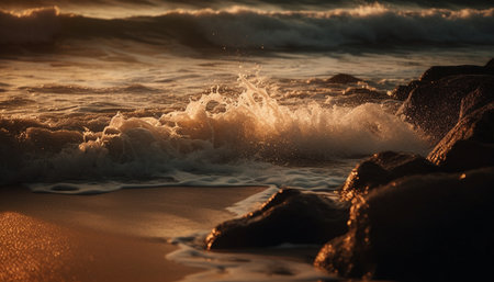 Tranquil seascape at dusk waves breaking on wet sand, reflecting beauty generated by artificial intelligenceの素材