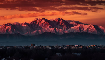Majestic mountain range illuminated by tranquil sunset, a travel destination generated by artificial intelligenceの素材