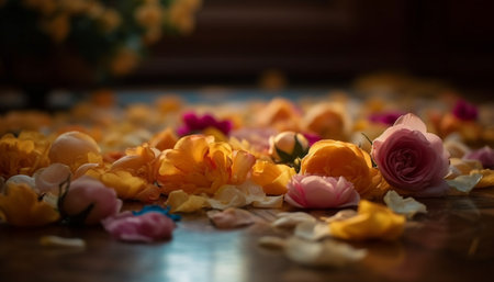 Fresh yellow petals adorn rustic wood table in vibrant still life generated by artificial intelligenceの素材