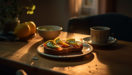 A gourmet meal on a rustic table with fresh ingredients generated by artificial intelligenceの素材