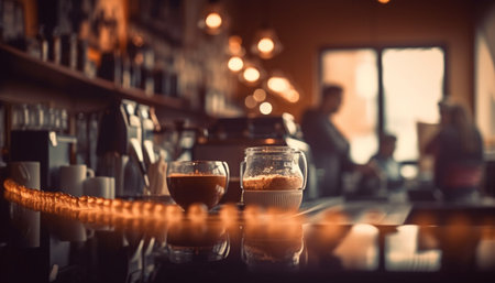 Men and women drinking alcohol at an illuminated bar counter generated by artificial intelligenceの素材