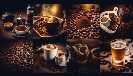 Freshly brewed coffee in a rustic wooden cup on table generated by artificial intelligenceの素材