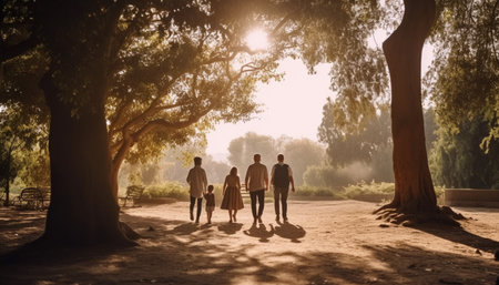 A family walking in the forest, enjoying nature sunlight generated by artificial intelligenceの素材