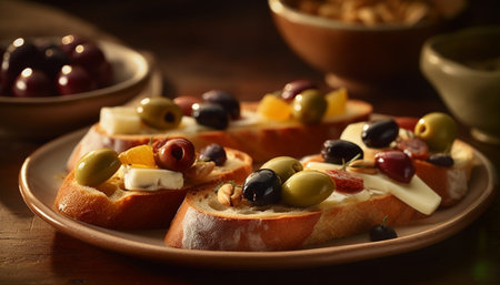 Rustic table with gourmet meal bread, fruit, and vegetables generated by artificial intelligenceの素材