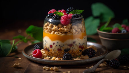 Refreshing summer parfait with organic berry fruit and gourmet granola generated by artificial intelligenceの素材