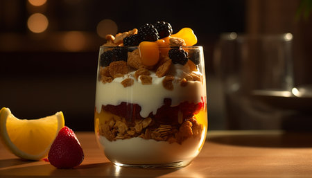 Fresh fruit parfait on wooden table with yogurt and granola generated by artificial intelligenceの素材