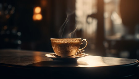 Rustic coffee shop serves hot frothy cappuccino on wooden saucer generated by artificial intelligenceの素材
