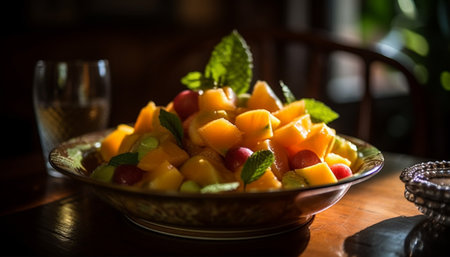 Fresh fruit salad on wooden table, a healthy gourmet dessert generated by artificial intelligenceの素材