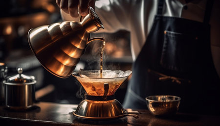 Barista making fresh coffee, pouring caffeine into a coffee cup generated by artificial intelligenceの素材