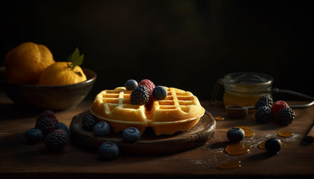 Fresh berry stack on rustic wood plate, Belgian waffle indulgence generated by artificial intelligenceの素材