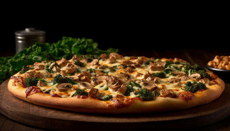 Freshly baked pizza with mozzarella, tomato, and vegetable toppings on wood generated by artificial intelligenceの素材