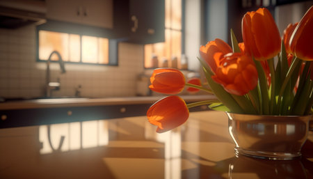 Vibrant bouquet of multi colored tulips brightens modern domestic room decor generated by artificial intelligenceの素材