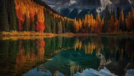 Tranquil autumn landscape mountain peak reflects vibrant multi colored wilderness beauty generated by artificial intelligenceの素材
