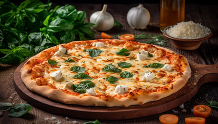 Freshly baked rustic pizza with mozzarella, tomato, and herbs on wood generated by artificial intelligenceの素材
