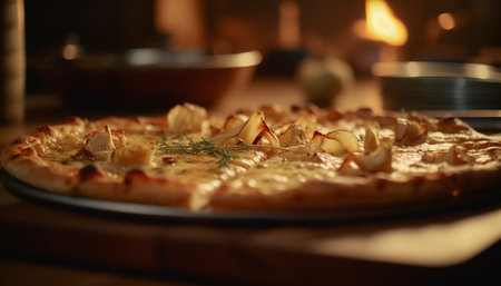 Freshly baked pizza on wooden table with mozzarella and tomato generated by artificial intelligenceの素材