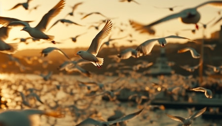 Spread wings of seagull in mid air, symbol of freedom and beauty generated by artificial intelligenceの素材