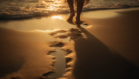 Barefoot silhouette walking on water edge at sunset, enjoying relaxation generated by artificial intelligenceの素材