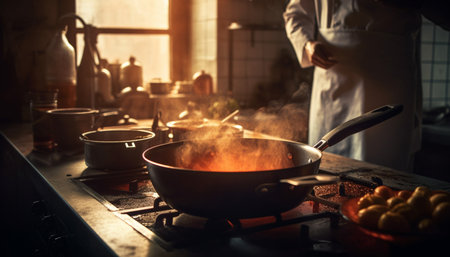 Chef preparing healthy meal indoors with fresh organic vegetables generated by artificial intelligenceの素材