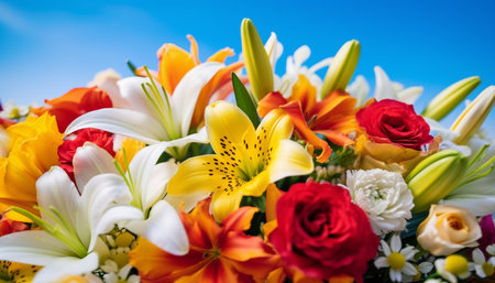 Vibrant bouquet of multi-colored flowers, a gift of nature beauty generated by artificial intelligenceの素材