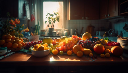 Fresh organic fruit bowl on wooden table in domestic kitchen generated by artificial intelligenceの素材
