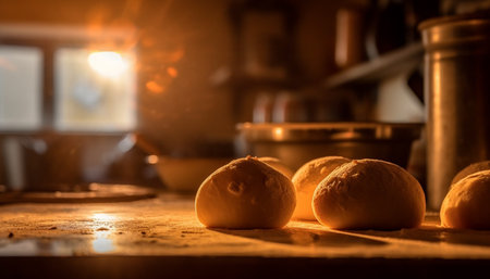 Homemade bread baking in rustic wood oven on kitchen table generated by artificial intelligenceの素材