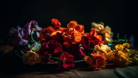 Romantic bouquet of multi colored flowers in a rustic vase generated by artificial intelligenceの素材