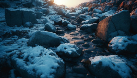 Tranquil sunset over icy mountain, flowing water and rocky terrain generated by artificial intelligenceの素材