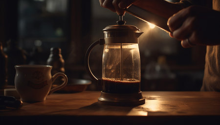 Barista pours frothy cappuccino, hand holding mug in rustic coffee shop generated by artificial intelligenceの素材