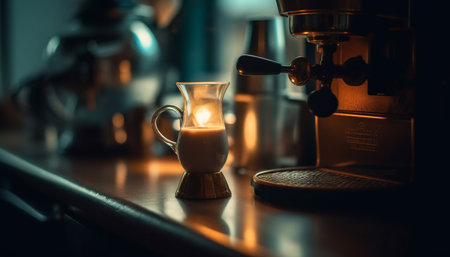 Barista pours frothy cappuccino into coffee cup at coffee shop generated by artificial intelligenceの素材