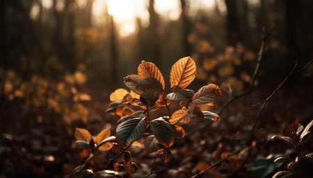 Vibrant autumn forest, yellow leaves falling, nature beauty in season generated by artificial intelligenceの素材