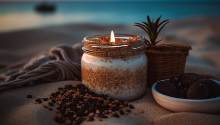 Organic chocolate dessert on rustic wood table with burning candle generated by artificial intelligenceの素材