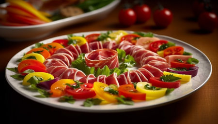 Fresh gourmet meal grilled pork, prosciutto, mozzarella, tomato salad generated by artificial intelligenceの素材