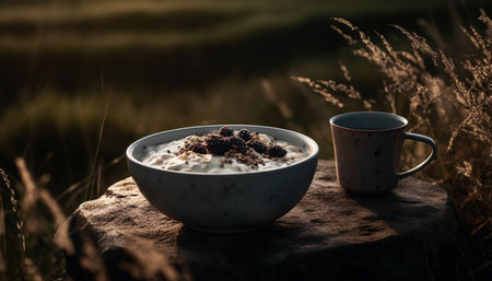 Organic granola bowl with fresh fruit and coffee on wood table generated by artificial intelligenceの素材