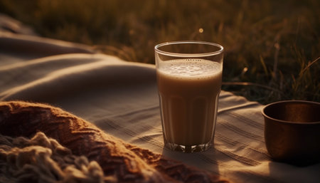 Rustic coffee table in nature with frothy latte and chocolate generated by artificial intelligenceの素材