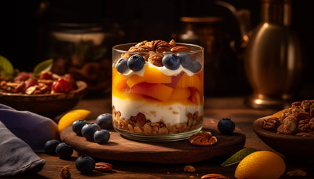 Fresh blueberry yogurt parfait with granola and honey drizzle generated by artificial intelligenceの素材