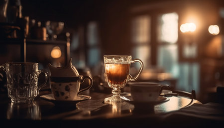 Hot coffee in elegant saucer on rustic wooden table indoors generated by artificial intelligenceの素材