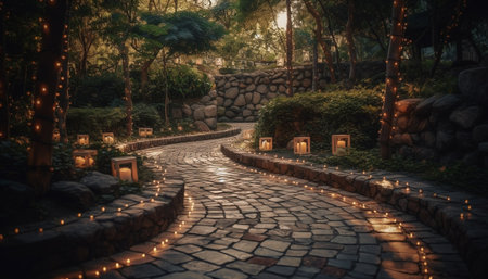 Tranquil autumn night, walking on stone footpath in ancient forest generated by artificial intelligenceの素材