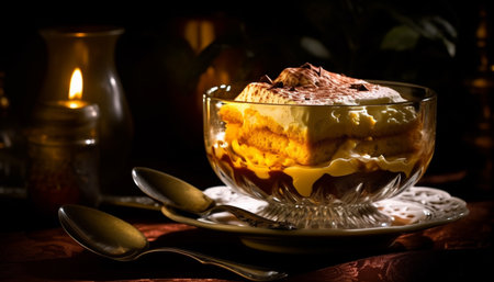 Sweet food indulgence Gourmet chocolate dessert on rustic wooden table generated by artificial intelligenceの素材