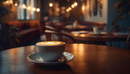 Rustic coffee shop serves frothy cappuccino on wooden saucer indoors generated by artificial intelligenceの素材