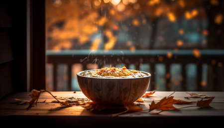 Rustic granola bowl on wooden table with autumn leaf decoration generated by artificial intelligenceの素材