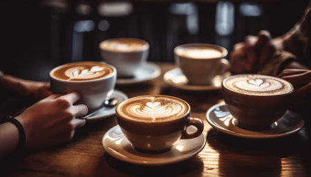 Two females holding coffee cups, enjoying a frothy cappuccino together generated by artificial intelligenceの素材
