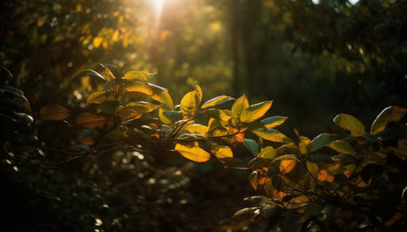 Vibrant autumn foliage on forest path, bathed in sunlight generated by artificial intelligence