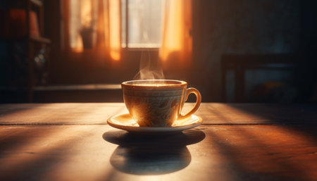 Rustic coffee shop serves frothy cappuccino on wooden saucer generated by artificial intelligenceの素材