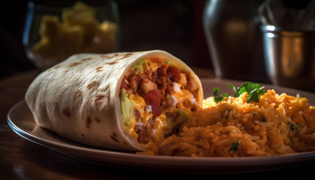 Grilled beef taco with fresh cilantro and spicy guacamole sauce generated by artificial intelligenceの素材