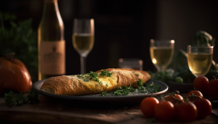 Fresh homemade meal with wine, bread, and vegetable appetizer generated by artificial intelligenceの素材