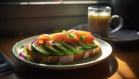 Fresh gourmet sandwich meal on rustic wooden table with healthy vegetables generated by artificial intelligenceの素材