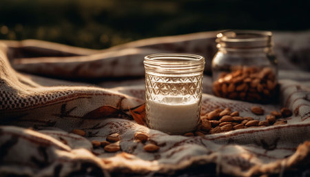 Organic coffee in rustic burlap with milk on wooden table generated by artificial intelligenceの素材